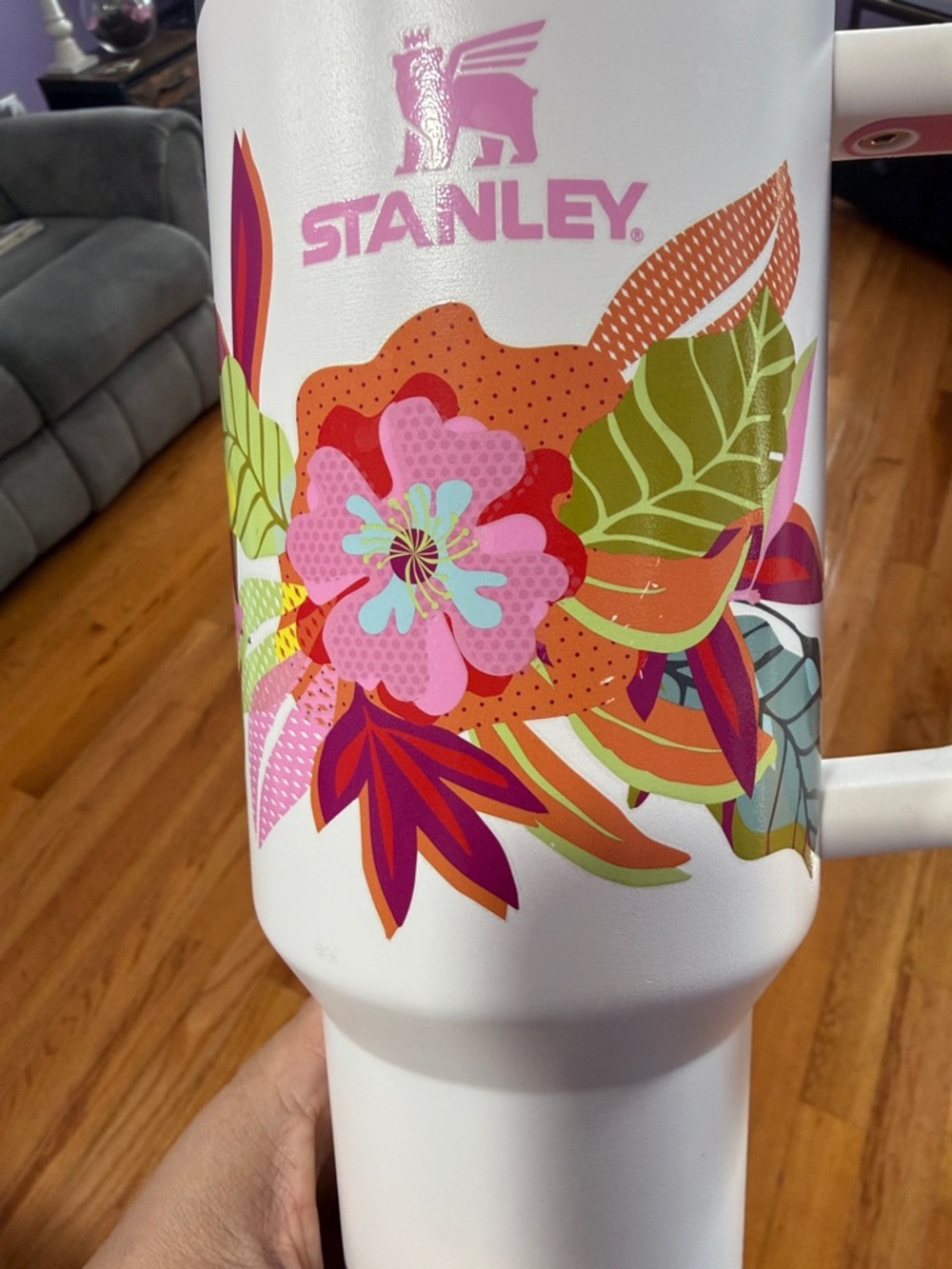 Stanley White Travel Mug with Pink & Multicolor Floral Design - Picture 2 of 6